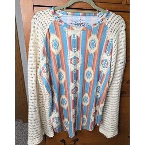Crazy Train Aztec Top Size XL Crochet Bell Sleeves Western Cowgirl Boho